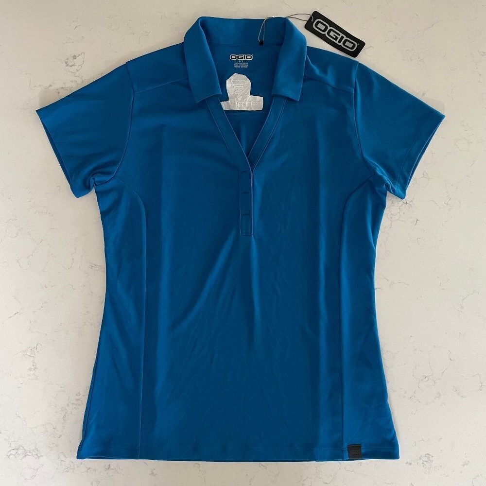 OGIO Activewear Short Sleeve V Neck Polyester Polo Golf Shirt Blue Sz S NWT